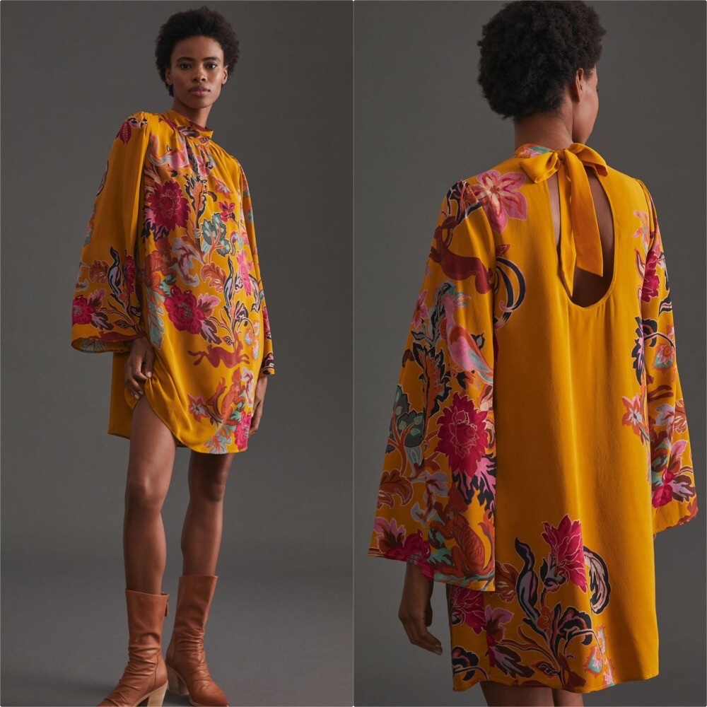 NWT ANTHROPOLOGIE BELL SLEEVED SILK FLORAL MINI DRESS
